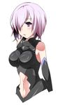  absurdres armor armored_dress bare_shoulders black_armor blush breasts fate/grand_order fate_(series) hair_over_one_eye highres large_breasts mash_kyrielight navel open_mouth purple_eyes purple_hair short_hair simple_background solo ukyou white_background 