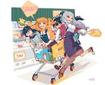  4girls bag_of_chips blank_eyes ganaha_hibiki highres idolmaster idolmaster_(classic) kisaragi_chihaya multiple_girls nonowa orange_hair pantyhose sale shijou_takane shopping_cart silver_hair takatsuki_yayoi tuxedo_de_cat 