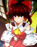  alternate_eye_color ascot bow brown_hair detached_sleeves from_above hair_between_eyes hair_bow hair_tubes hakurei_reimu hand_on_lap highres hyudora legs lips looking_at_viewer perspective porch purple_eyes red_bow red_shirt red_skirt reflective_eyes ribbon-trimmed_sleeves ribbon_trim sarashi shiny shiny_hair shirt sitting skirt sliding_doors smile solo tatami touhou wide_sleeves 