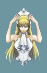  aqua_background armor ba_(sdsxsmwsh) blonde_hair blue_eyes corona_borealis_katya crown highres long_hair ponytail saint_seiya saint_seiya_saintia_sho simple_background solo 