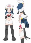  1girl back blue_eyes blue_hair cosplay female hainchu hikari_(pokemon) long_hair looking_at_viewer nintendo pokemon pokemon_(anime) solo team_rocket team_rocket_(cosplay) uniform 