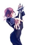  absurdres androgynous bangs coffinkun crona_(soul_eater) dress hair_between_eyes half-closed_eyes highres looking_at_viewer purple_eyes purple_hair short_hair sleeve_cuffs solo soul_eater sword weapon 