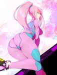  1girl alternate_color ass blue_eyes bodysuit breasts from_behind highres hips huge_ass looking_back metroid nintendo parted_lips pink_hair player_2 ponytail samus_aran skin_tight solo sticky_(stickysheep) super_smash_bros. thick_thighs wide_hips zero_suit 