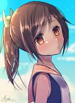  absurdres bangs blush brown_hair closed_mouth day eyebrows eyebrows_visible_through_hair from_side hair_ornament head_tilt highres i-401_(kantai_collection) kantai_collection looking_at_viewer ponytail sailor_collar sky sleeveless solo swimsuit twitter_username upper_body yuuzaki 