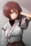  absurdres arm_up bangs breasts brown_hair expressionless eyebrows eyebrows_visible_through_hair eyes_visible_through_hair grey_background hand_behind_head hand_in_hair highres hyuuga_(kantai_collection) japanese_clothes kantai_collection kimono large_breasts looking_at_viewer miko parted_lips red_eyes shadow short_hair simple_background solo twitter_username upper_body yuuzaki 