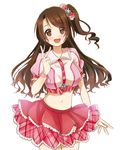  :d bangs bow brown_eyes brown_hair buttons collared_shirt cowboy_shot crop_top domaro_yui frilled_skirt frills hair_bow hair_over_one_eye heart heart-shaped_pupils highres idolmaster idolmaster_cinderella_girls layered_skirt long_hair looking_at_viewer midriff navel one_side_up open_mouth pink_check_school pink_skirt plaid plaid_bow plaid_skirt puffy_short_sleeves puffy_sleeves shimamura_uzuki shirt short_sleeves simple_background skirt smile solo swept_bangs symbol-shaped_pupils v white_background 