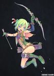  :d armpits arrow belt black_background blue_eyes blush boots bow_(weapon) buckle full_body green_footwear green_hair hair_ribbon knee_boots knee_pads last_summoner looking_at_viewer open_mouth piro_(orip) red_ribbon ribbon robin_hood_(last_summoner) short_hair simple_background smile solo weapon 