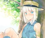  androgynous blonde_hair blue_eyes boater_hat coin_rand hat looking_at_viewer male_focus open_mouth original sitting sleeveless solo tree 