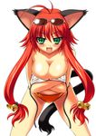  :d animal_ears bell bikini blush breasts cat_ears cat_tail cleavage eyewear_on_head fang green_eyes highres large_breasts long_hair looking_at_viewer ngo open_mouth original red_hair simple_background smile solo sunglasses swimsuit tail white_background 