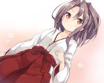  amano_kouki brown_eyes brown_hair collarbone hair_between_eyes hakama_skirt high_ponytail highres japanese_clothes kantai_collection long_hair long_sleeves looking_at_viewer md5_mismatch miko ponytail red_skirt skirt smile solo wide_sleeves zuihou_(kantai_collection) 