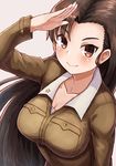  absurdres breasts brown_eyes brown_hair chi-hatan_military_uniform cleavage collarbone girls_und_panzer highres large_breasts long_hair looking_at_viewer looking_up md5_mismatch military military_uniform nishi_kinuyo okitsugu salute smile solo uniform 
