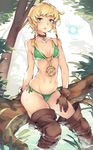  :o bikini blonde_hair blush boots braid breasts brown_footwear brown_gloves brown_legwear choker collarbone compass creature fairy fairy_wings flying gebyy-terar gem gloves green_bikini groin hand_on_thigh highres in_tree jewelry leather leather_boots linkle looking_at_viewer midriff navel parted_lips pendant pointy_ears pond shiny shiny_skin short_hair side_braid sitting sitting_in_tree skindentation small_breasts soaking_feet solo stomach sweatdrop swimsuit the_legend_of_zelda thigh_boots thighhighs thighs tree tsurime twin_braids water water_drop wet wings zelda_musou 
