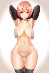  armpits arms_up black_gloves black_legwear blush breasts covered_nipples elbow_gloves gakuen_taisen_valkyries gloves highres large_breasts lea_anshel looking_at_viewer manabebebe navel panties smile solo stomach thighhighs topless towel towel_around_neck underwear white_panties white_towel wide_hips 