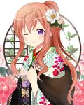  ;) brown_hair closed_mouth gochuumon_wa_usagi_desu_ka? hoto_mocha japanese_clothes kimono long_hair official_style one_eye_closed purple_eyes ryoutan side_ponytail smile solo 