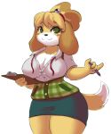  2019 animal_crossing anthro black_nose blonde_hair breasts canid canine canis cleavage clipboard clothed clothing digital_media_(artwork) dipstick_tail domestic_dog eyelashes female green_eyes hair hi_res holding_object isabelle_(animal_crossing) mammal multicolored_tail nintendo nipple_bulge pen shih_tzu shinsuke smile solo video_games 