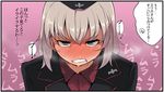  blue_eyes blush clenched_teeth commentary_request full-face_blush girls_und_panzer hat itsumi_erika kuromorimine_military_uniform looking_at_viewer military military_hat military_uniform short_hair silver_hair solo sweat takatoo_kurosuke teeth translation_request uniform 