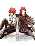  asch black_gloves black_pants boots brown_gloves daiki_(daikingairkgk) fingerless_gloves full_body gloves green_eyes grey_footwear holding holding_sword holding_weapon left-handed long_hair looking_at_viewer luke_fon_fabre male_focus multiple_boys pants red_hair serious shirt sidelocks sitting surcoat sword symmetry tales_of_(series) tales_of_the_abyss thigh_boots thighhighs weapon white_background white_shirt 