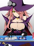  1girl arc_system_works arcade artist_request bare_shoulders black_sclera blazblue blazblue:_central_fiction breasts cameo cape cellphone cleavage detached_sleeves gloves hair_over_one_eye hat jubei_(blazblue) konoe_a_mercury large_breasts long_hair looking_at_viewer phantom_(blazblue) phone pink_hair playing_games pout slit_pupils solo tears wavy_mouth yellow_eyes 