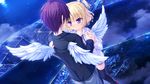  1girl black_legwear blonde_hair blush cloud face-to-face feathered_wings floating_island flying game_cg hair_ribbon highres holding_hands hood hoodie hug mikagami_mamizu night parfil purple_eyes ribbon short_hair side_ponytail smile thighhighs wings world_election 