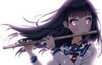  1girl artist_request black_hair blush female flute haruchika homura_chika instrument long_hair pink_eyes school_uniform simple_background solo 