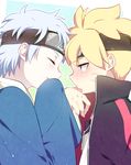  blonde_hair blue_hair blush boruto:_naruto_the_movie closed_eyes forehead_protector glasses male_focus mitsuki_(naruto) multiple_boys naruto naruto_(series) nipye smile twitter_username uzumaki_boruto 