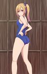  absurdres ass azusa_(sukumizuya) blonde_hair blush from_behind highres kawakami_mai long_hair musaigen_no_phantom_world one-piece_swimsuit purple_eyes school_swimsuit side_ponytail solo swimsuit 