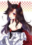  animal_ears bad_id bad_twitter_id bangs blush breasts brooch brown_hair cleavage dress eyebrows highres imaizumi_kagerou jewelry large_breasts long_hair looking_at_viewer off_shoulder open_mouth red_eyes simple_background solo sweetroad touhou upper_body wolf_ears 