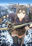  aircraft airplane bow brown_hair fairy_(kantai_collection) flying gloves hair_bow highres horizon kantai_collection long_hair looking_at_viewer propeller remodel_(kantai_collection) rudder_shoes running smile thighhighs twintails vent_arbre water yellow_eyes zuikaku_(kantai_collection) 