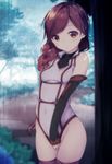  blurry blurry_background blush bottomless braid brown_eyes covering covering_crotch day detached_sleeves hai_to_gensou_no_grimgar hair_over_shoulder highres long_hair looking_at_viewer nature outdoors rain red_hair shirt shirt_tug shokuyou_mogura single_braid skin_tight skindentation sleeveless sleeveless_shirt solo thighhighs tree wet yume_(grimgar) 