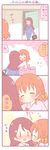  4koma ^_^ blush bow braid briefcase brown_hair closed_eyes comic dress emphasis_lines formal hair_bow hair_ornament hairclip heart hug long_hair love_live! love_live!_sunshine!! multiple_girls necktie orange_hair saku_usako_(rabbit) sakurauchi_riko suit takami_chika translated yuri |_| 