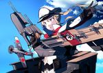  aircraft airplane black_gloves blonde_hair blue_eyes blue_sky capelet card chromatic_aberration cloud cloudy_sky day flight_deck gloves graf_zeppelin_(kantai_collection) hat iron_cross kantai_collection long_hair machinery peaked_cap revision sahuyaiya sky solo turret twintails 