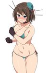  bikini black_gloves blue_eyes blush breast_hold breasts brown_hair choker cleavage collarbone gloves green_bikini hat kantai_collection large_breasts maya_(kantai_collection) micro_bikini mini_hat navel remodel_(kantai_collection) sama_samasa short_hair side-tie_bikini simple_background solo standing swimsuit tears thigh_gap white_background 