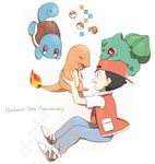  anniversary bebe_0620 black_hair brown_eyes bulbasaur charmander english fang gen_1_pokemon hat holding holding_pokemon male_focus open_mouth poke_ball pokemon pokemon_(creature) pokemon_(game) pokemon_rgby purple_eyes red_(pokemon) red_(pokemon_rgby) red_eyes smile squirtle 