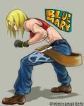  abs baggy_pants bare_shoulders belt blonde_hair blue_eyes blue_mary crop_top fatal_fury fingerless_gloves gloves halterneck highres midriff mimiyama_kiichi muscle muscular_female pants short_hair solo straight_hair the_king_of_fighters 