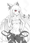  bow breasts cigarette collarbone contrapposto cowboy_shot fujiwara_no_mokou greyscale hair_bow half-closed_eye hand_on_hip highres hip_vent holding_clothes long_hair looking_at_viewer medium_breasts monochrome navel neck no_panties pants raptor7 red_eyes sarashi shirt_removed simple_background smoking solo spot_color standing stomach_tattoo suspenders_pull tattoo touhou very_long_hair white_background wind 