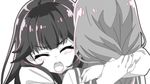  2girls blush braid eyes_closed haruchika homura_chika hug long_hair monochrome multiple_girls narushima_miyoko open_mouth school_uniform 