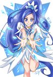  blue blue_bow blue_eyes blue_hair bow bracelet chocokin choker cowboy_shot cure_diamond curly_hair dated dokidoki!_precure hishikawa_rikka jewelry long_hair magic magical_girl outstretched_hand precure serious signature skirt solo standing standing_on_one_leg 