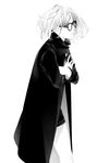  coat crossed_arms glasses greyscale highres monochrome original profile short_hair shorts simple_background solo sousou_(sousouworks) walking white_background 