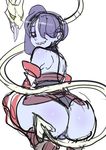  ass backless_outfit bad_id bad_pixiv_id blue_skin censored detached_sleeves from_behind grin hair_over_one_eye highres leviathan_(skullgirls) looking_back maniacpaint mosaic_censoring no_panties pussy red_eyes side_ponytail sketch skullgirls smile solo squatting squigly_(skullgirls) stitched_mouth stitches zombie 