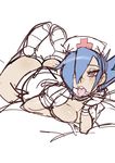  ass bad_id bad_pixiv_id blue_hair breasts chin_rest cleavage eyepatch gloves hair_over_one_eye half-closed_eyes hat highres large_breasts legs_up long_hair lying maniacpaint nurse nurse_cap on_stomach ponytail red_eyes sketch skullgirls solo surgical_mask the_pose tongue tongue_out valentine_(skullgirls) white_gloves 