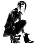  camera cat coat full_body greyscale high_heels highres monochrome open_mouth original pants short_hair simple_background solo sousou_(sousouworks) squatting white_background 