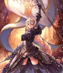  arm_up armor armored_dress black_legwear blonde_hair braid breasts crowd fate/apocrypha fate_(series) fire flag flame gauntlets headpiece jeanne_d'arc_(fate) jeanne_d'arc_(fate)_(all) large_breasts long_hair looking_at_viewer ouka_(ra-raradan) showgirl_skirt sword thighhighs very_long_hair weapon 