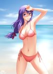  2016 artist_name ass_visible_through_thighs bikini breasts cleavage covered_nipples dated fate/stay_night fate_(series) groin groin_tendon hand_on_forehead hand_on_hip matou_sakura medium_breasts navel ocean purple_eyes purple_hair rna_(angel-smelter) sand side-tie_bikini smile solo swimsuit teeth type-moon water 
