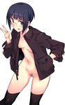  black_eyes black_hair black_legwear breasts earrings em glasses hand_in_pocket jacket jewelry looking_at_viewer no_bra no_panties open_clothes open_jacket open_mouth original pubic_hair short_hair small_breasts smile solo thighhighs v 