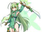  copyright_name covered_nipples cowboy_shot detached_sleeves dual_wielding expressionless fingerless_gloves flat_chest flower_knight_girl gloves green green_gloves green_hair green_skirt hairband holding long_hair looking_at_viewer miniskirt mint_(flower_knight_girl) reverse_grip side_slit skirt solo stroma sword thigh_strap weapon white_background yellow_eyes 