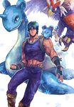  abs absurdres backpack bag blue_hair boots braviary brown_footwear clenched_hand crossover fingerless_gloves gen_1_pokemon gen_2_pokemon gen_5_pokemon gloves green_eyes highres jojo_no_kimyou_na_bouken jonathan_joestar lapras male_focus marill midriff muscle navel oikabe_(saaaaaaaato) pokemon pokemon_(creature) snowflakes tank_top 