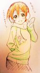  1girl earmuffs gloves hoshizora_rin love_live!_school_idol_project murota_yuuhei orange_hair scarf short_hair smile solo sweater traditional_media waving 