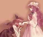  bat_wings bespectacled blush closed_eyes commentary crescent curly_hair glasses hand_kiss hat head_wings holding_hand kiss koakuma long_hair multiple_girls orz_(kagewaka) patchouli_knowledge purple_hair red_hair shadow touhou wings yuri 