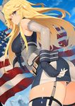  american_flag american_flag_panties anchor arm_up bangs belt blonde_hair blue_eyes blue_sky chain closed_mouth cloud cowboy_shot crane day eyebrows eyebrows_visible_through_hair fingerless_gloves from_below from_side front-tie_top garter_straps gloves headgear highres iowa_(kantai_collection) kantai_collection ladic long_hair looking_at_viewer miniskirt outdoors panties pantyshot pantyshot_(standing) skirt sky smile solo standing star star-shaped_pupils stitches striped symbol-shaped_pupils thighhighs underwear wrist_cuffs 