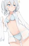  :o ass_visible_through_thighs blue_eyes blush bow bow_panties bra breasts buttons cole cowboy_shot duplicate kantai_collection kashima_(kantai_collection) looking_away medium_breasts navel notice_lines open_clothes open_shirt panties shirt silver_hair simple_background solo standing towel twintails underwear wet white_background white_shirt 
